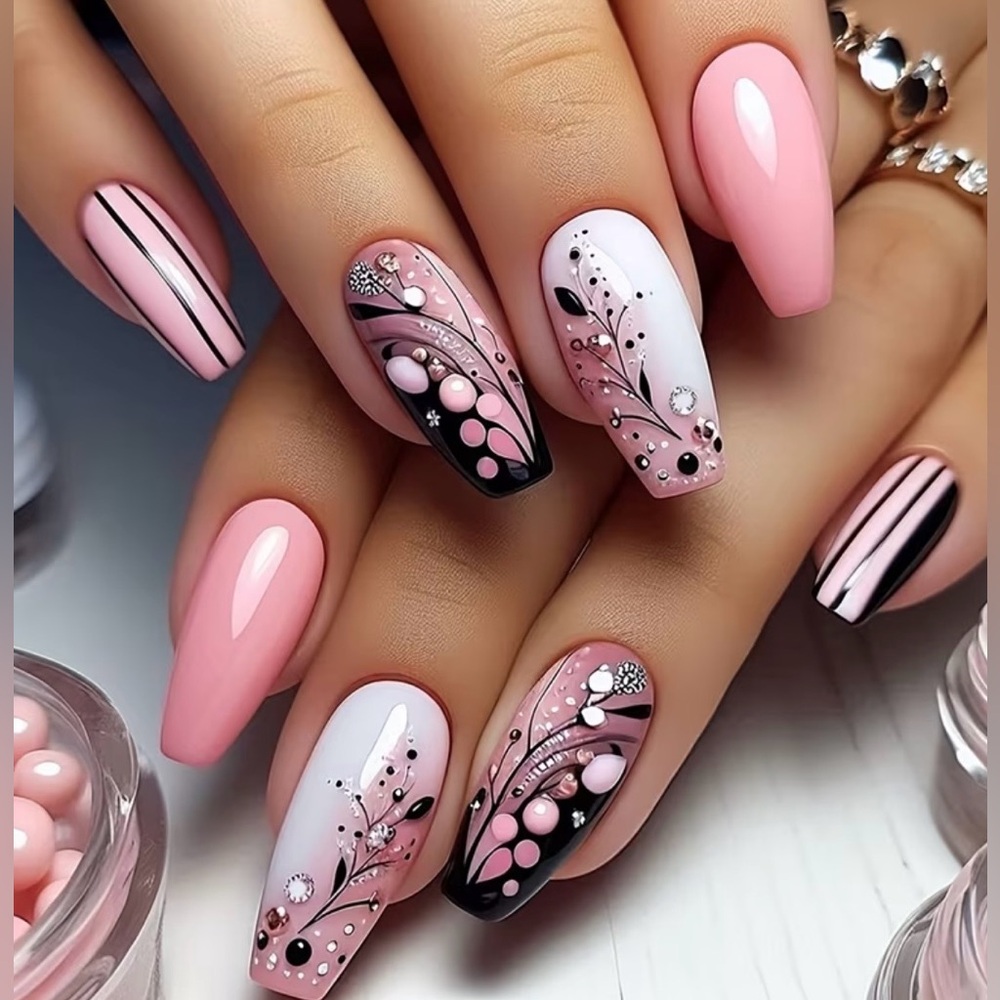 Brand New 24pcs Pink Nail Tips with Black and White Floral Patterns